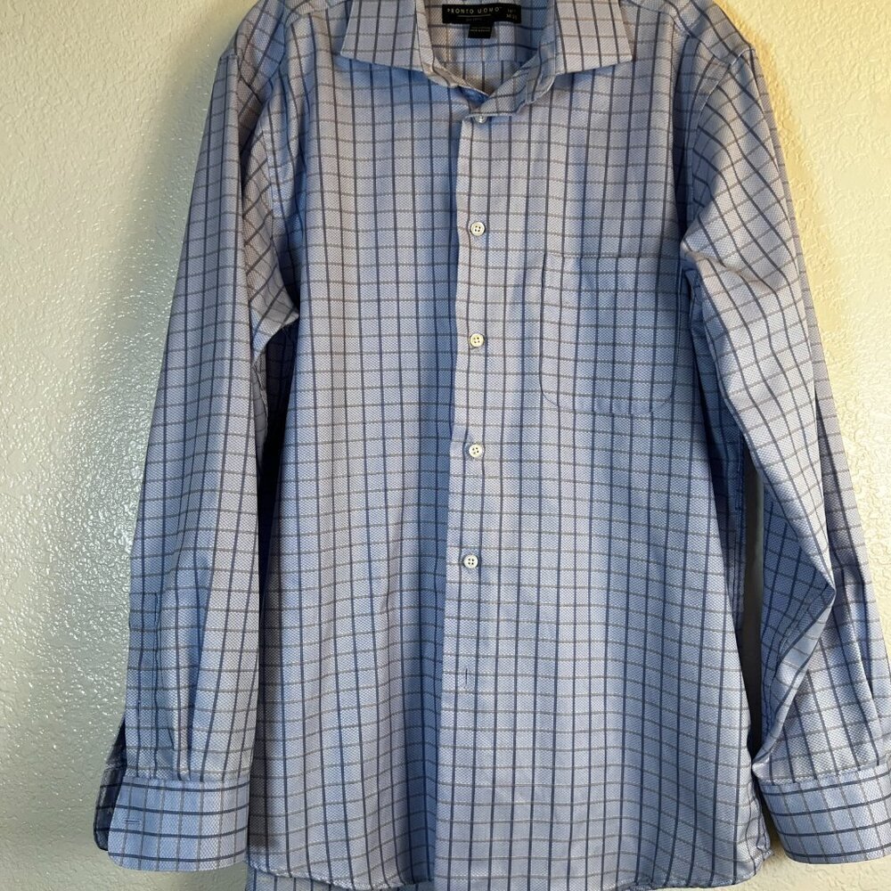 Pronto Uomo Cotton Non Iron Blue Windowbox Check Dress Shirt Size 16 1/2 32/33 - Picture 3 of 8